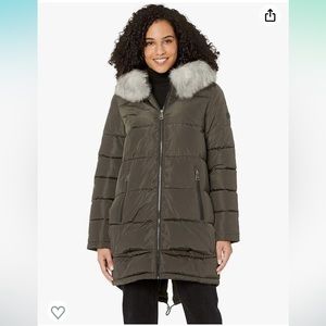 DKNY Faux Fur Hood Midi Puffer. Dark Grey. Women’s size M